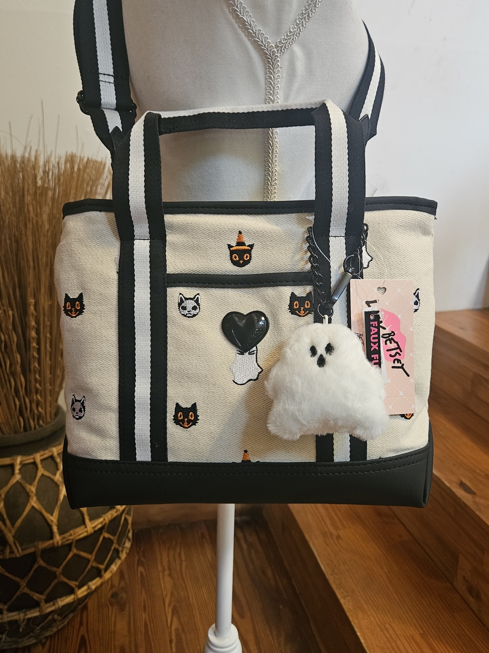 Betsey Johnson Cream & Black Cat-Print Woman's Tote with Faux Fur Ghost Charm